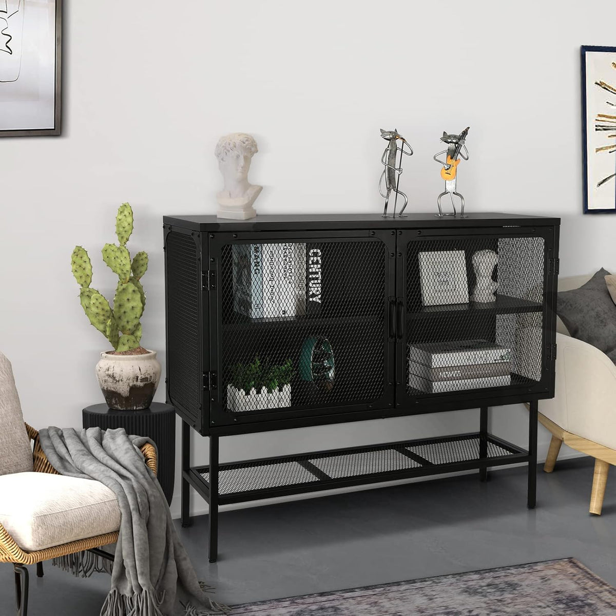 Industrial Cabinet Console Table with 2 Mesh Doors Adjustable Shelf and Feet Bottom Shelf Anti-Tip Dust-Free Kitchen Credenza Sideboard Frosted T40887