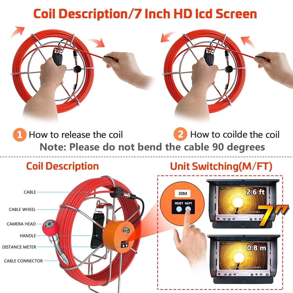 100ft Sewer Camera with Distance Counter DVR 7 inch LCD Monitor IP68 K512040