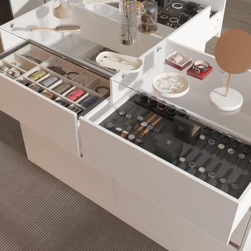 White Glass Armoire Wardrobe with 9 Drawers Q878282