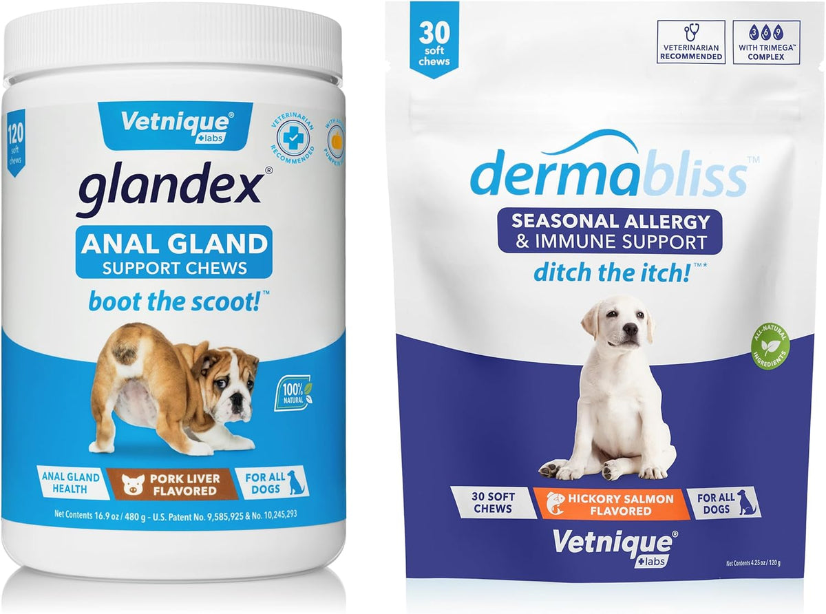 Anal Gland Support Chews 120ct Pork Liver and Allergy Chews 30ct Hickory Salmon Dog Vitamins and Supplements Bundle K8058