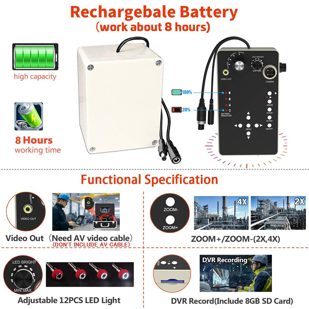 100ft Sewer Camera with Distance Counter DVR 7 inch LCD Monitor IP68 K512040