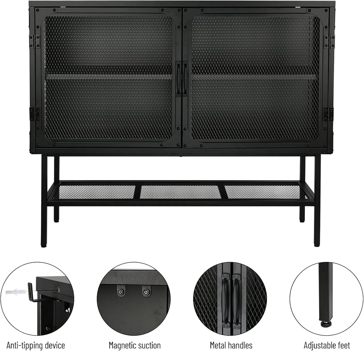 Industrial Cabinet Console Table with 2 Mesh Doors Adjustable Shelf and Feet Bottom Shelf Anti-Tip Dust-Free Kitchen Credenza Sideboard Frosted T40887