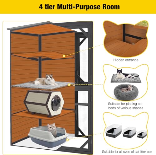 Large 4 Tiers Cat Enclosures House with Weatherproof Roof 70" H 77" L R85582