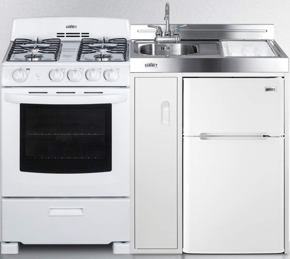 54" Wide All-in-One Kitchenette with 4-Burner Gas Range, Refrigerator-Freezer, Sink, Cutting Board and Storage Cabinet K3074
