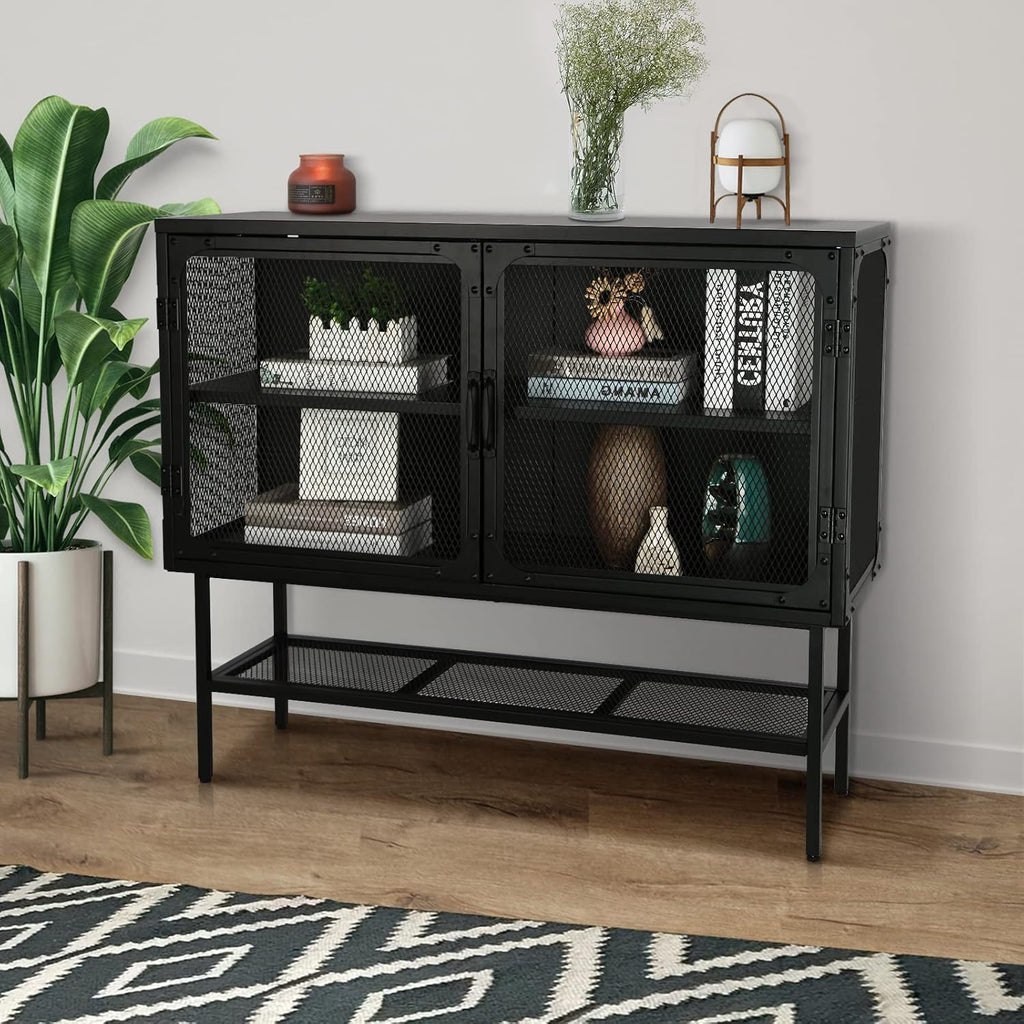 Industrial Cabinet Console Table with 2 Mesh Doors Adjustable Shelf and Feet Bottom Shelf Anti-Tip Dust-Free Kitchen Credenza Sideboard Frosted T40887