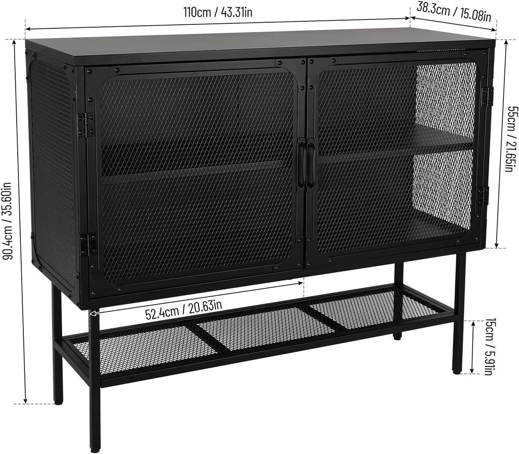 Industrial Cabinet Console Table with 2 Mesh Doors Adjustable Shelf and Feet Bottom Shelf Anti-Tip Dust-Free Kitchen Credenza Sideboard Frosted T40887