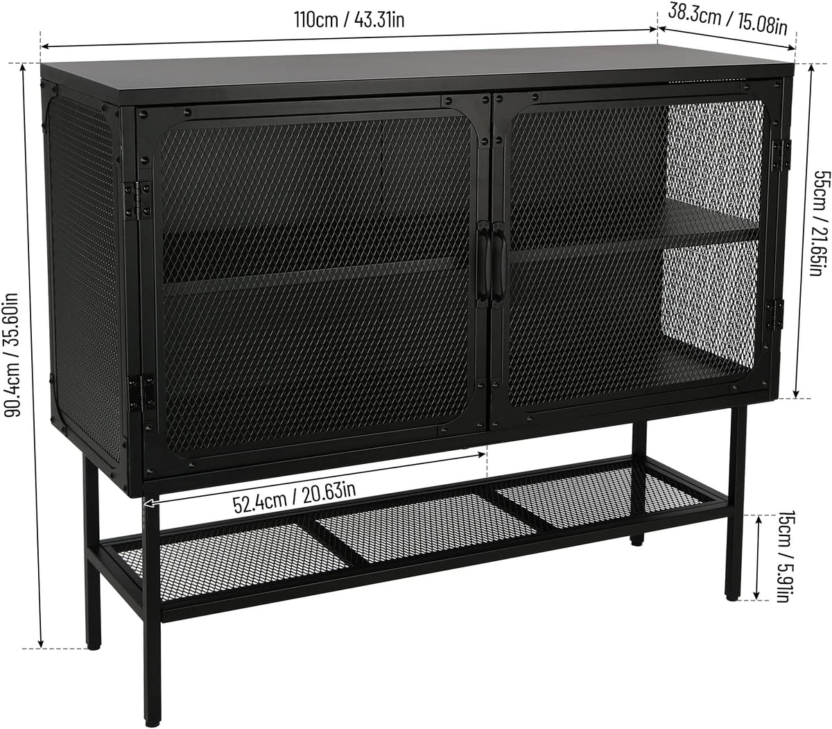 Industrial Cabinet Console Table with 2 Mesh Doors Adjustable Shelf and Feet Bottom Shelf Anti-Tip Dust-Free Kitchen Credenza Sideboard Frosted T40887