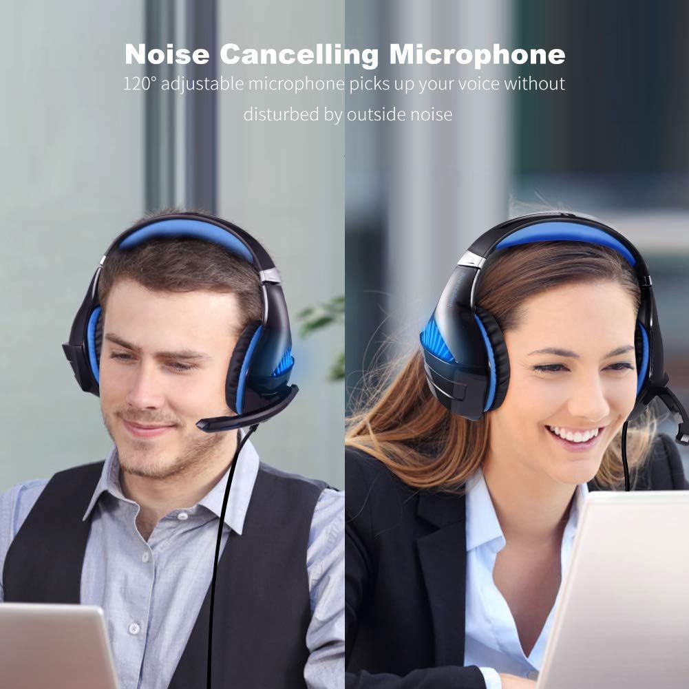 Gaming Headset with Noise Cancelling Mic, LED Light, Memory Earmuffs (Black & Blue) H922613