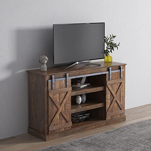 Rustic Natural Wooden TV Stand with Sliding Barn Doors T283083