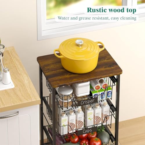 4-Tier Rolling Storage Cart with Pull-Out Baskets and Wood Top F852