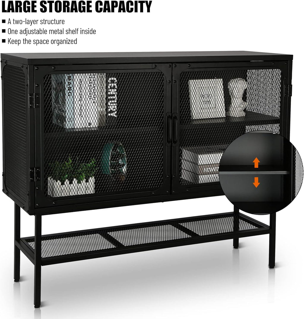 Industrial Cabinet Console Table with 2 Mesh Doors Adjustable Shelf and Feet Bottom Shelf Anti-Tip Dust-Free Kitchen Credenza Sideboard Frosted T40887
