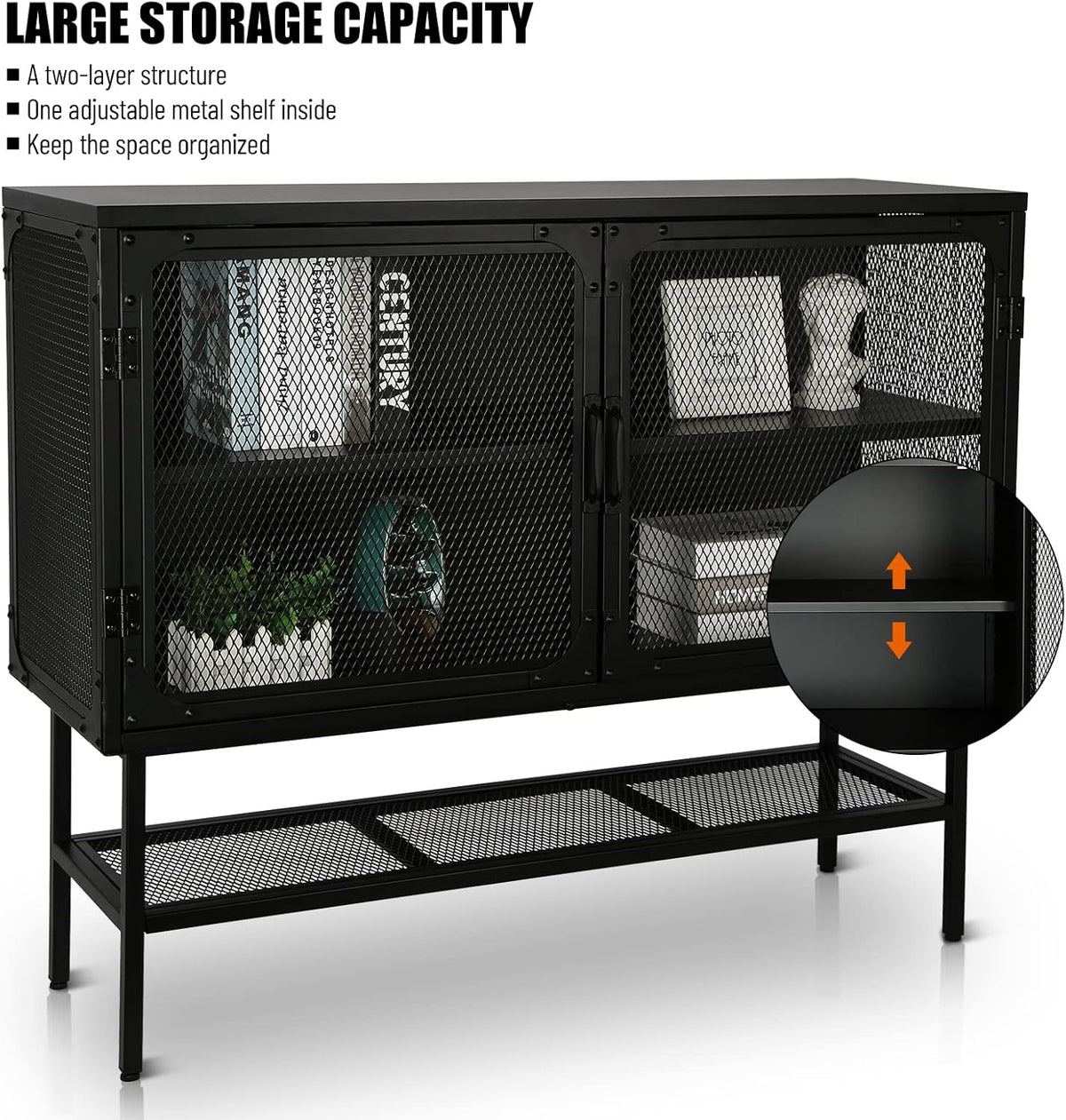 Industrial Cabinet Console Table with 2 Mesh Doors Adjustable Shelf and Feet Bottom Shelf Anti-Tip Dust-Free Kitchen Credenza Sideboard Frosted T40887