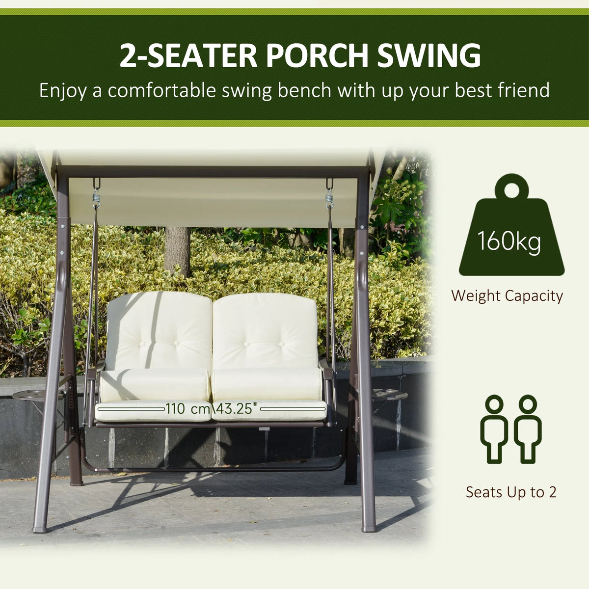 Beige 2-Person Patio Swing Bench with Canopy J3407