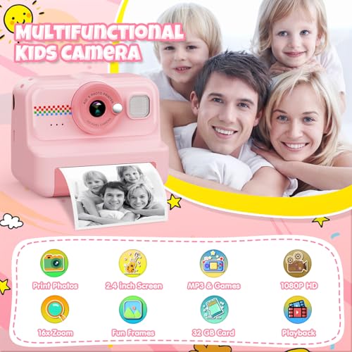 1080P HD Kids Instant Print Camera with 3 Rolls Print Paper & 32GB Card (Black) D752