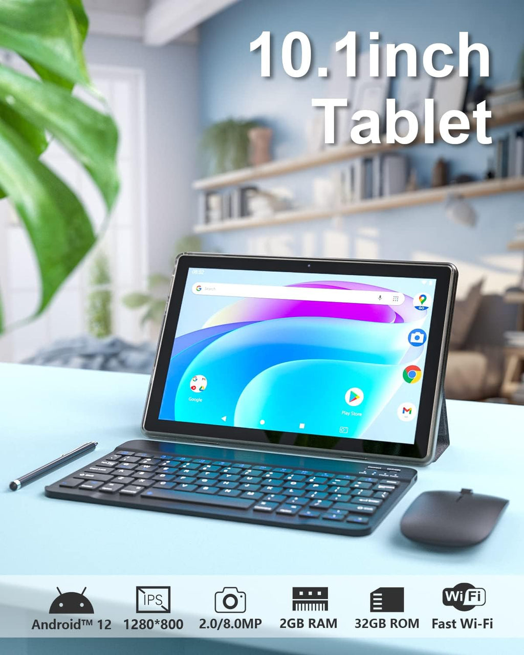 10.1 Inch Android 12 Tablet with Keyboard, 2GB RAM, 32GB ROM, 512GB Expandable V921681