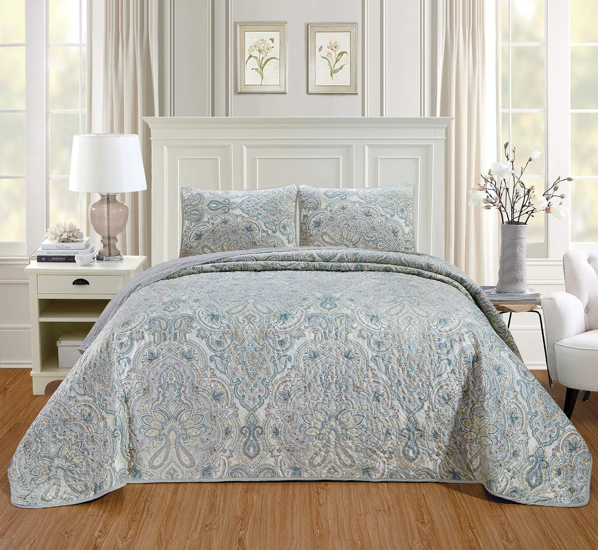 Oversize Reversible Quilt Set Cal King Size Bed Cover W1526