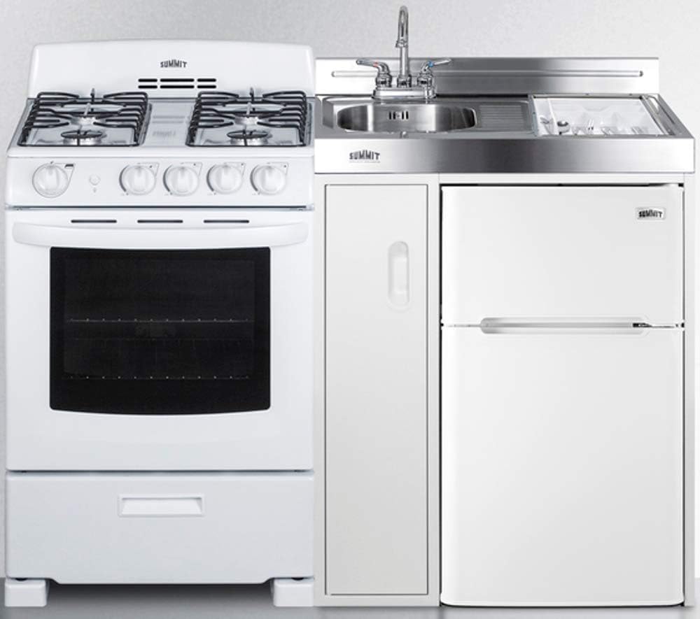54" Wide All-in-One Kitchenette with 4-Burner Gas Range, Refrigerator-Freezer, Sink, Cutting Board and Storage Cabinet K3074