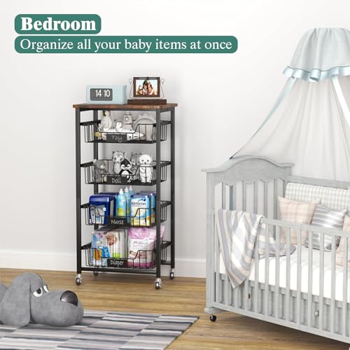 4-Tier Rolling Storage Cart with Pull-Out Baskets and Wood Top F852