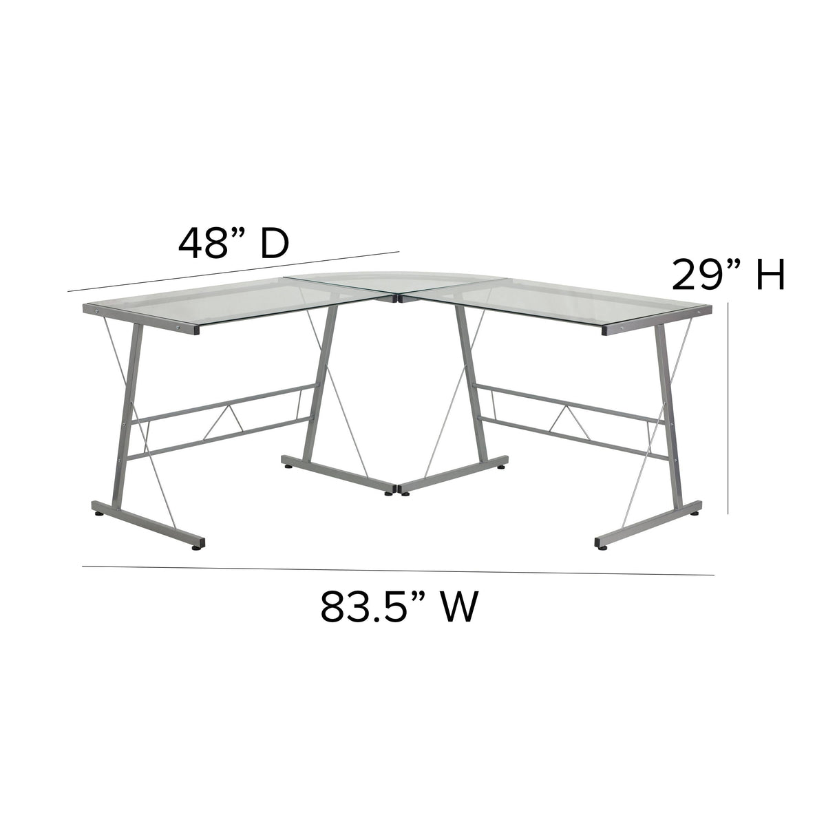 L-Shaped Clear Glass and Metal Corner Desk N6981