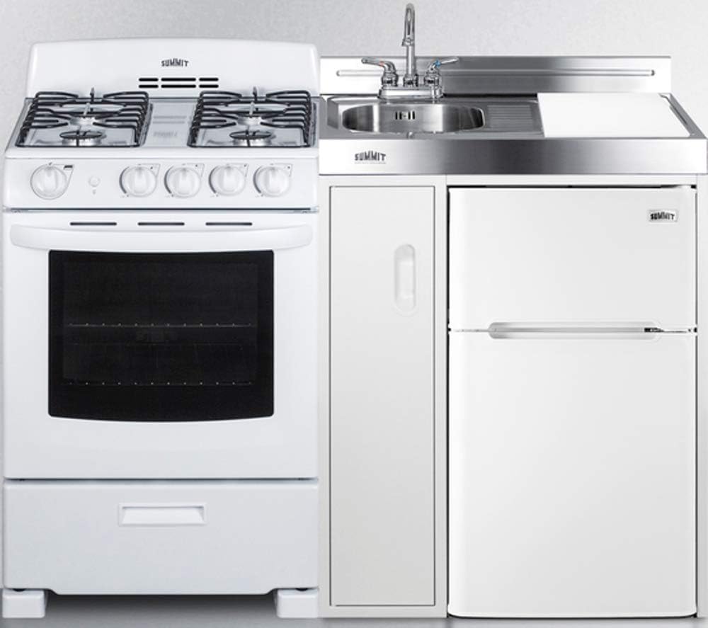 54" Wide All-in-One Kitchenette with 4-Burner Gas Range, Refrigerator-Freezer, Sink, Cutting Board and Storage Cabinet K3074
