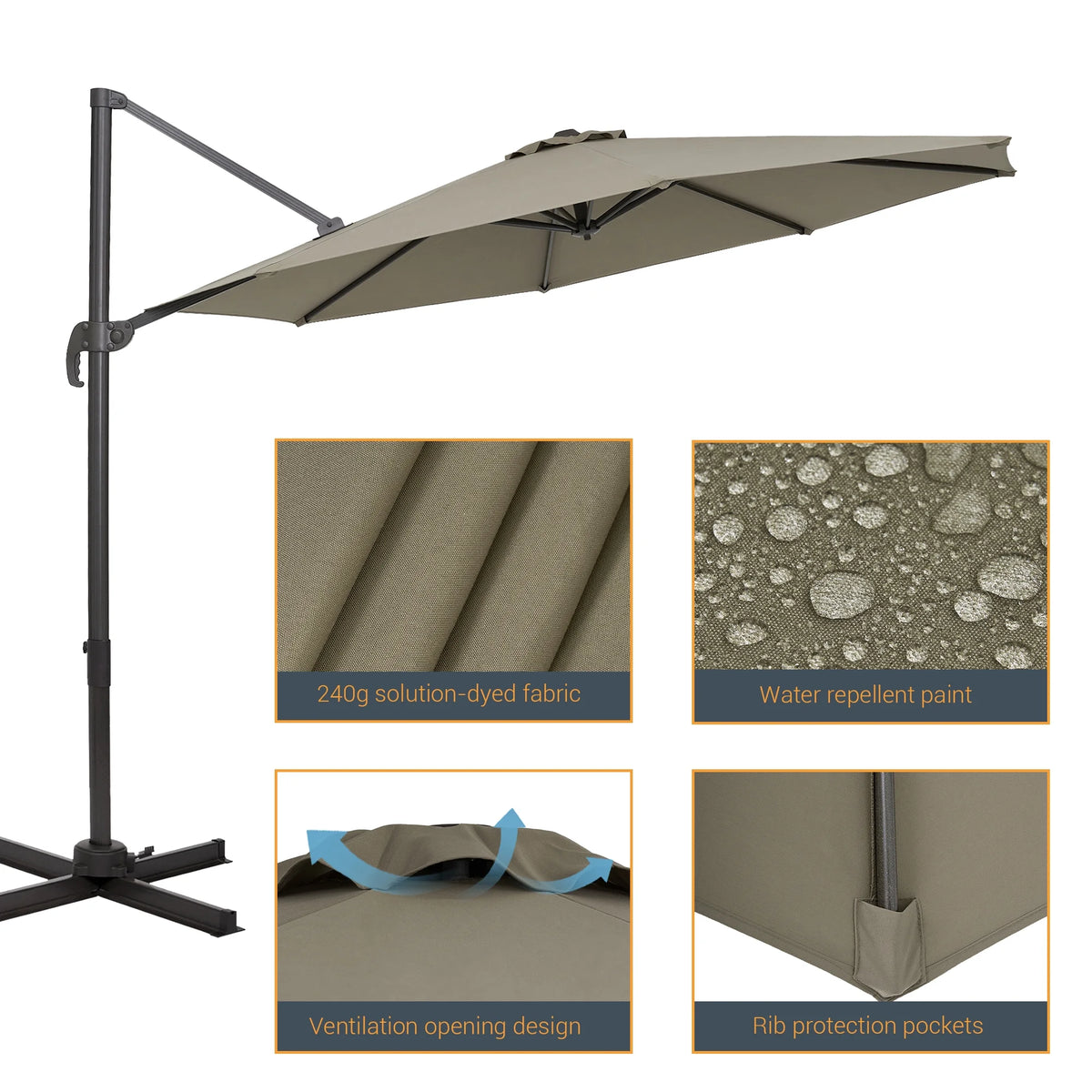 Taupe 10ft Outdoor Round Cantilever Patio Umbrella A34616