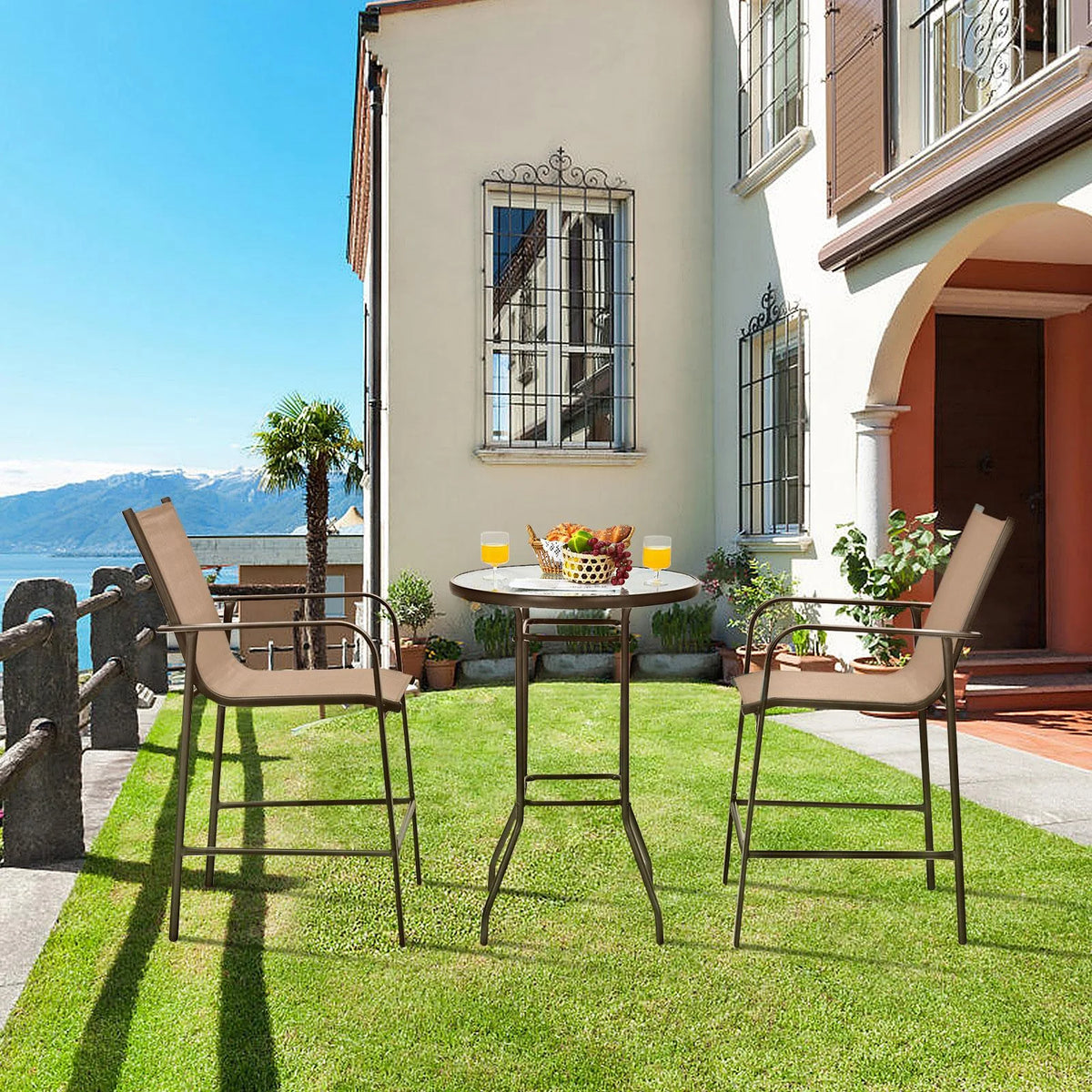 3 Pieces Outdoor Patio Bar Set with 2 Bar Stools and Tempered Glass Bar Table, Black E791