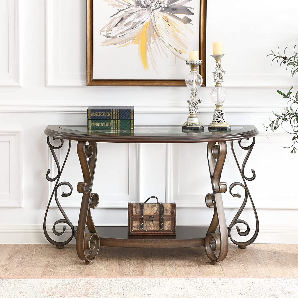 Traditional Half Sofa Table with Beveled Glass Top and Scrollwork Metal Legs C784246
