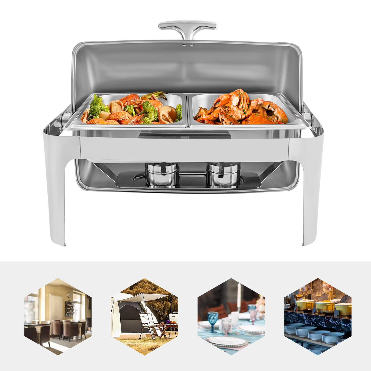 Silver Stainless Steel Chafer Buffet Chafing Dish Set Roll Top Food Warmer E783