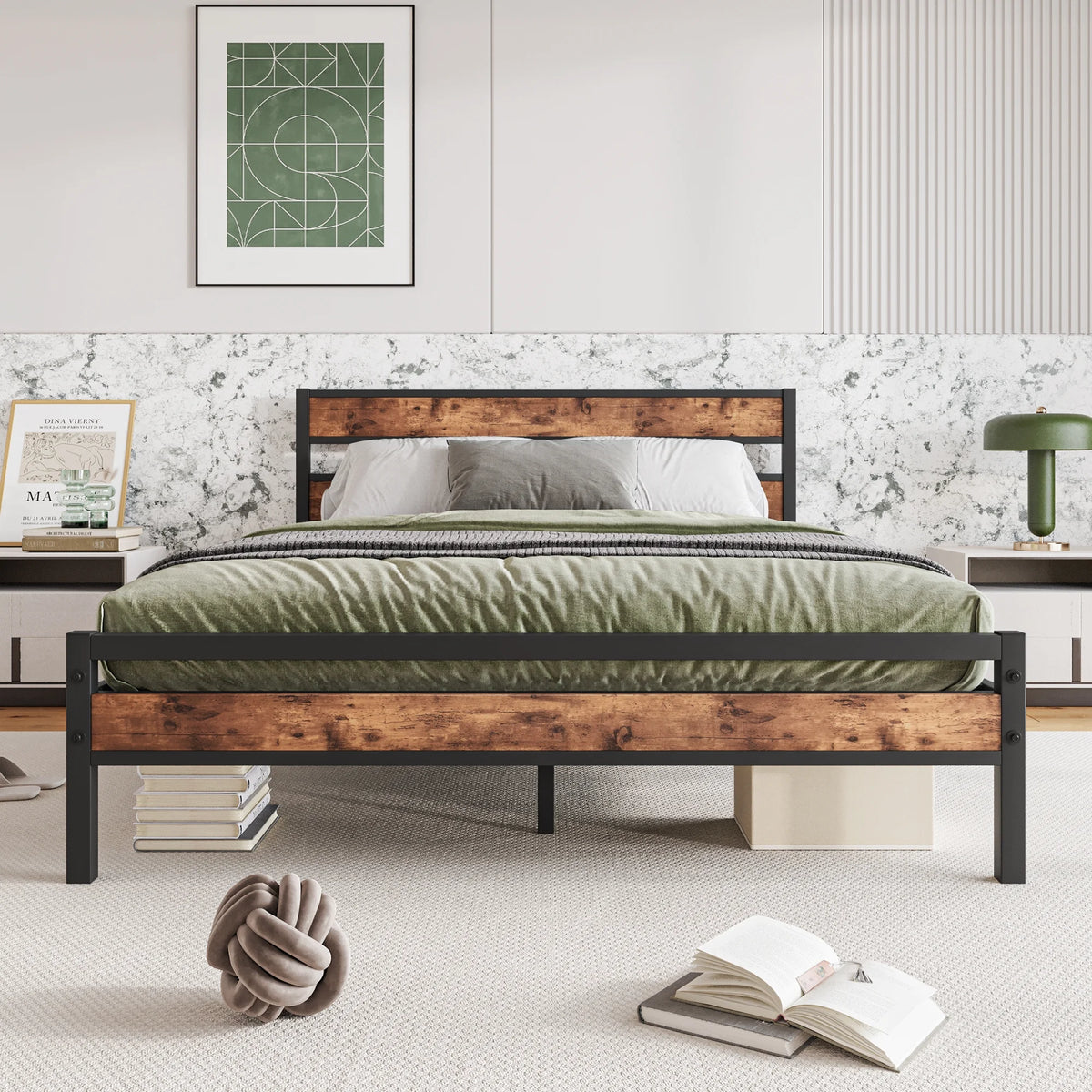 Queen Size Metal Platform Bed Frame with Headboard and Footboard F48544