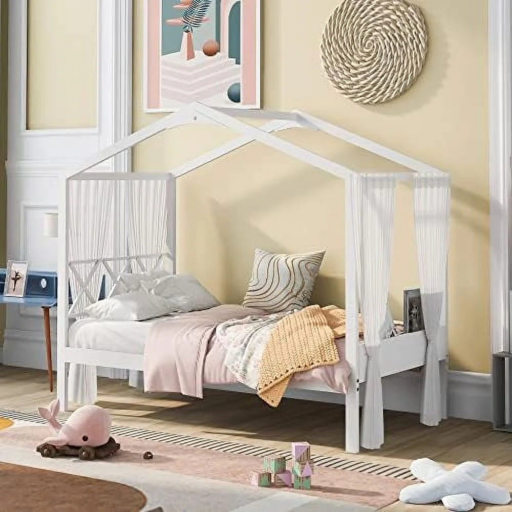 Twin Size Wood House Bed with Desk and Roof A50896