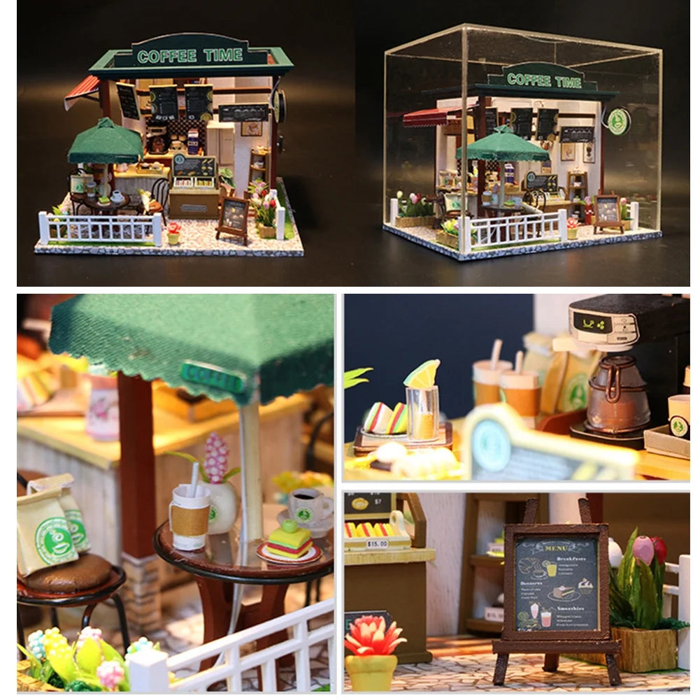 Miniature LED Coffee Store Doll House Model Toy D3528