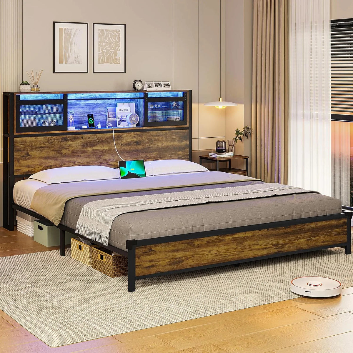 Queen Size Metal Platform Bed Frame with Storage Headboard and 4 Drawers W635