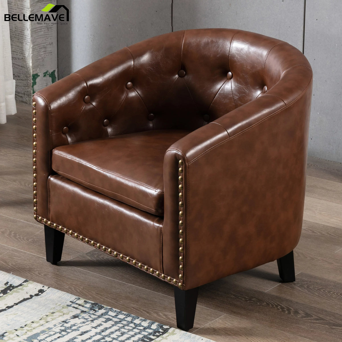 Brown PU Leather Tufted Barrel Chair K4722
