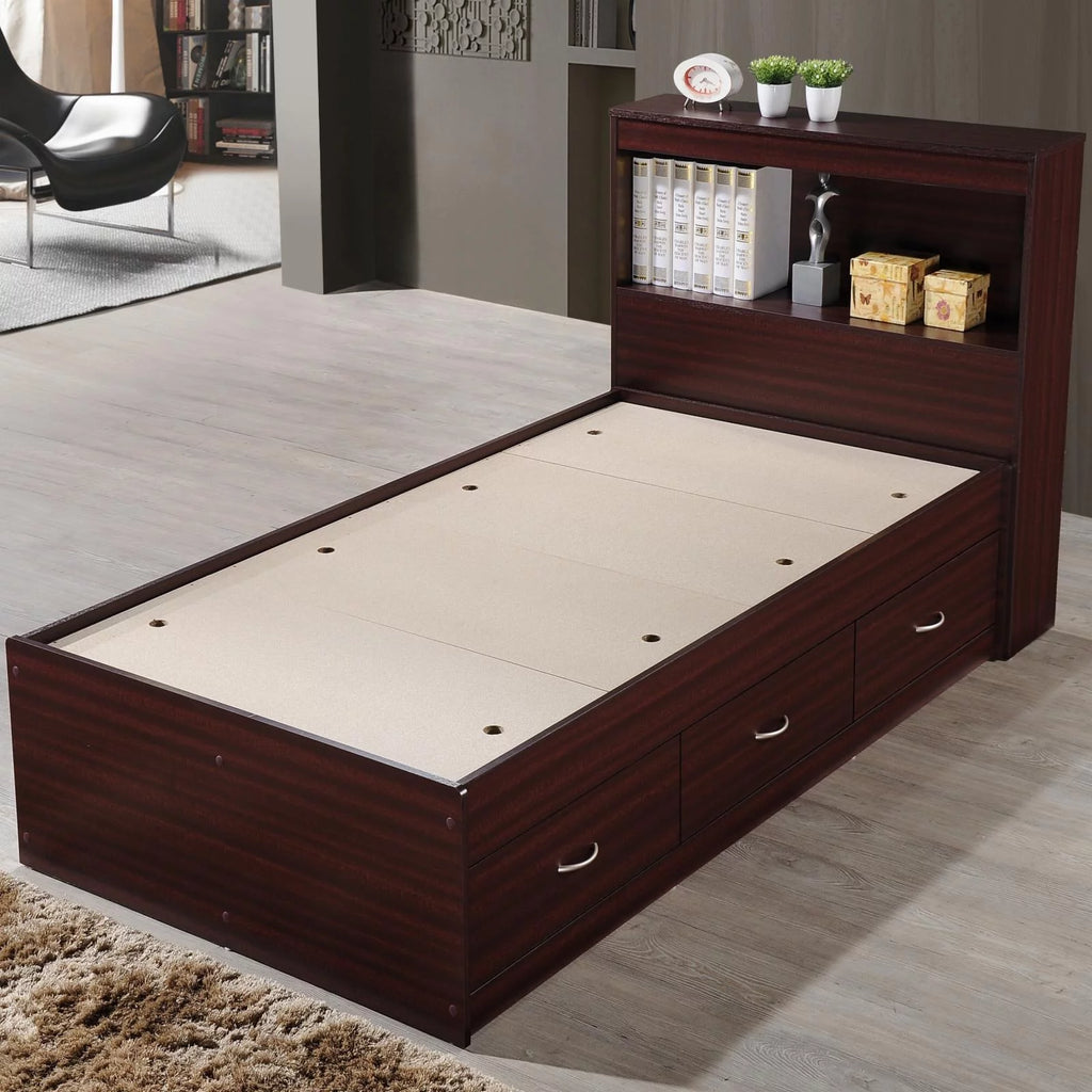 Twin Size Captain Bed with 3 Drawers and Headboard in Black Wood W4487