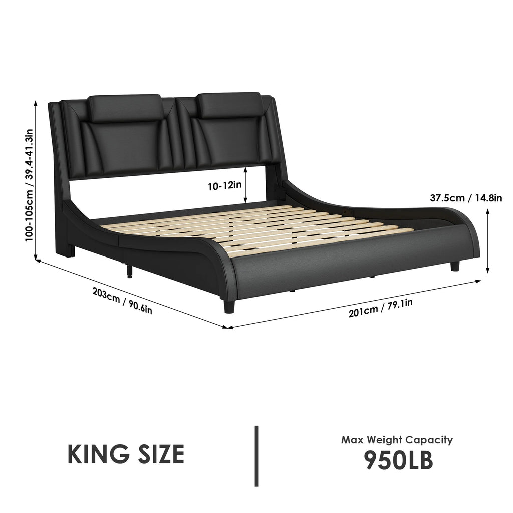 Queen LED PU Leather Upholstered Platform Bed with Adjustable Headboard E789