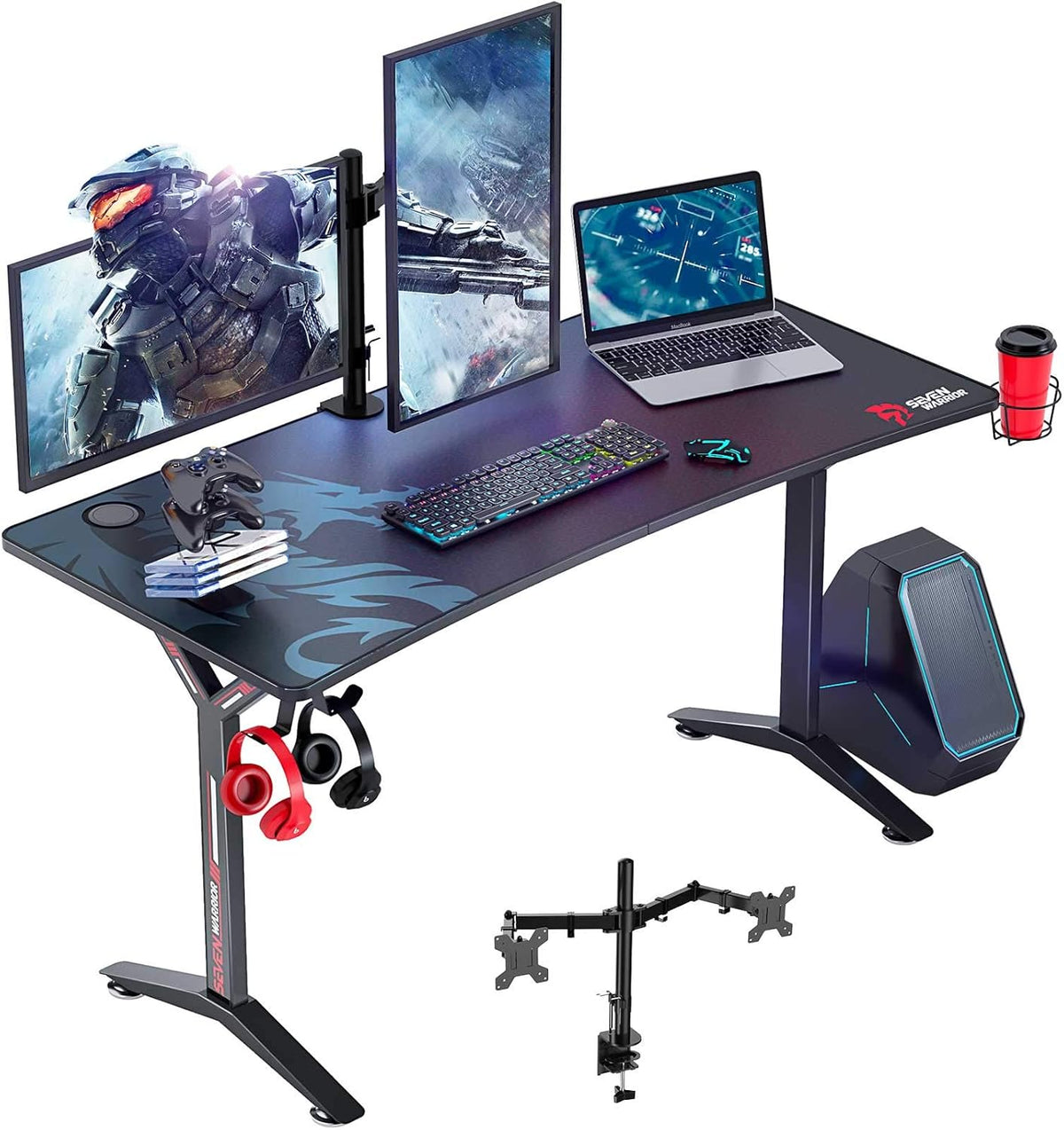 Gaming Desk with Dual Monitor Mount, Carbon Fiber Surface Computer Gamer Desk with Full Desk Mouse Pad, Ergonomic Y Shaped Gamer Table with Outlet Organizer, Gaming Rack H321487