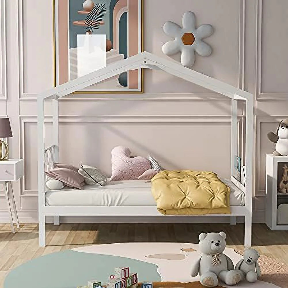 Twin Size Wood House Bed with Desk and Roof A50896