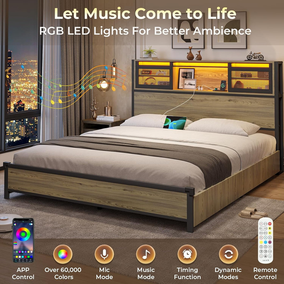 Queen Size Metal Platform Bed Frame with Storage Headboard and 4 Drawers W635