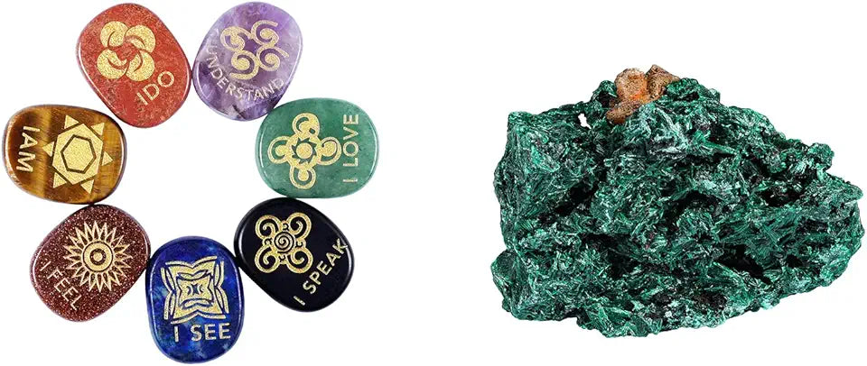 7 Piece Chakra Stones Engraved Polished Palm Stones & Natural Malachite Raw Stone Crystal Mineral Specimen S8925