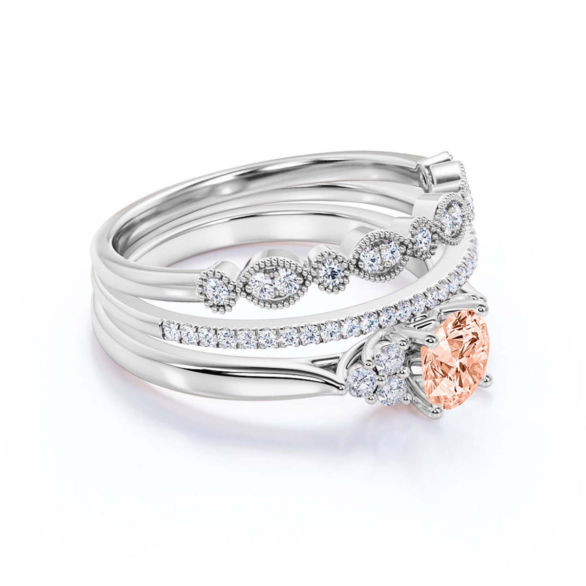 2.25 Carat Round Cut Morganite And Diamond Moissanite Engagement Ring in 10k Solid White Gold J302