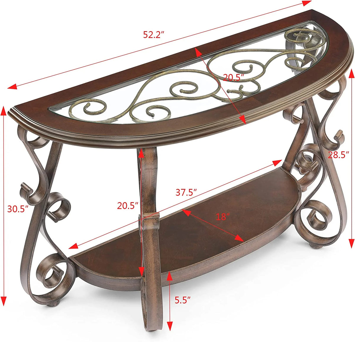 Traditional Half Sofa Table with Beveled Glass Top and Scrollwork Metal Legs C784246