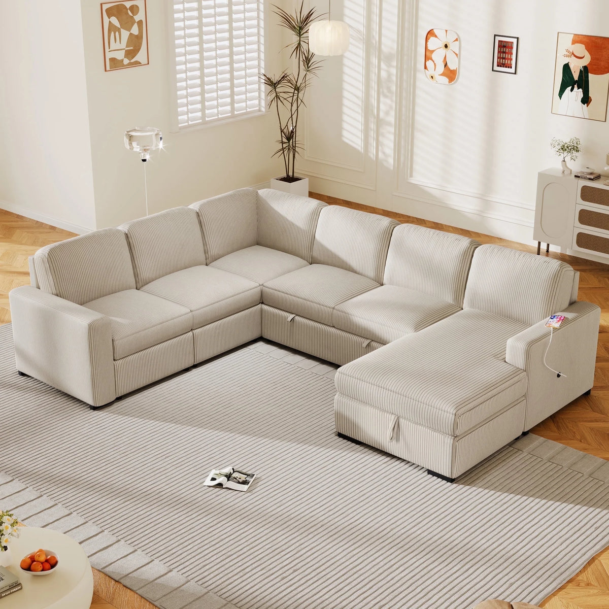 Beige 7-Seater Corduroy Sectional Sofa with Storage Chaise N92308