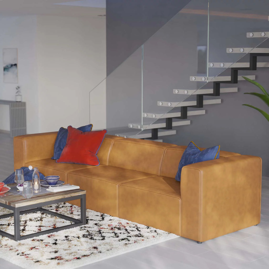 Tan Faux Vegan Leather Sectional Sofa Set O256