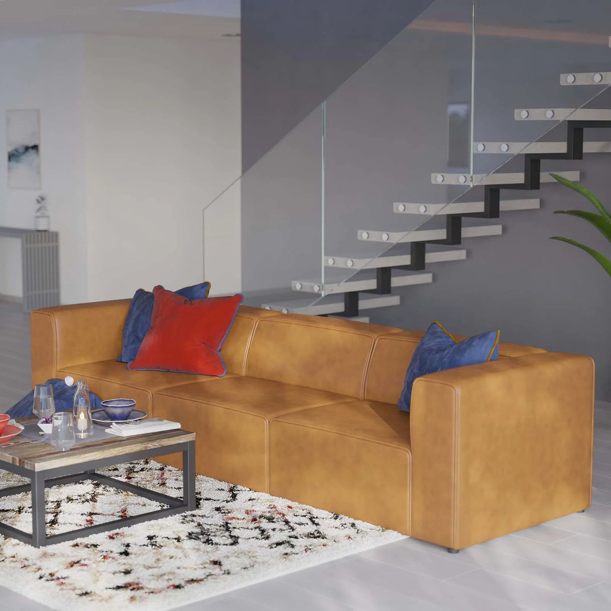Tan Faux Vegan Leather Sectional Sofa Set O256