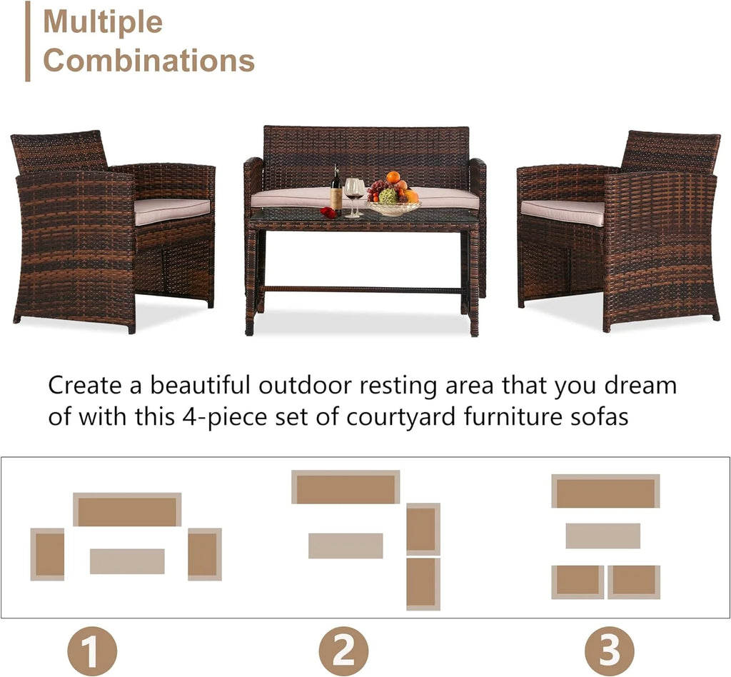 Brown 4 Pieces Wicker Outdoor Patio Furniture Set A1902