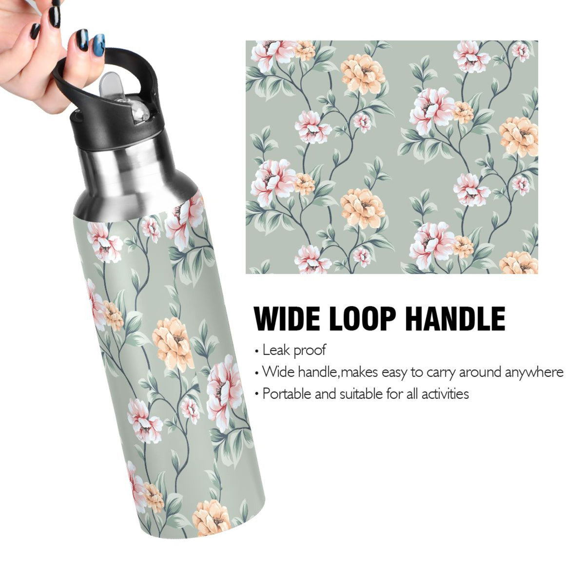 Pink Flowers Stainless Steel Insulated Water Bottle with Straw Lid A35844