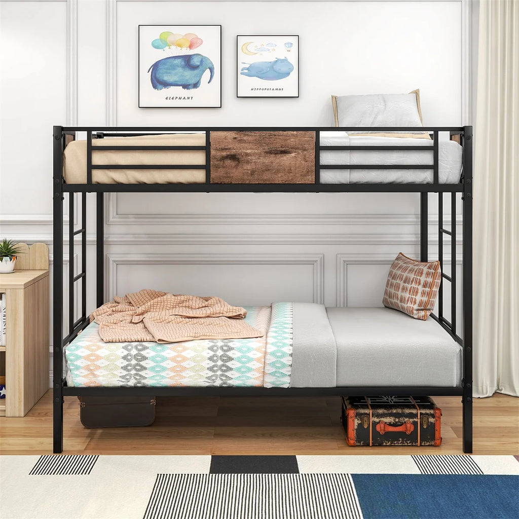 Black Metal Twin over Twin Bunk Bed with Stairs T41162