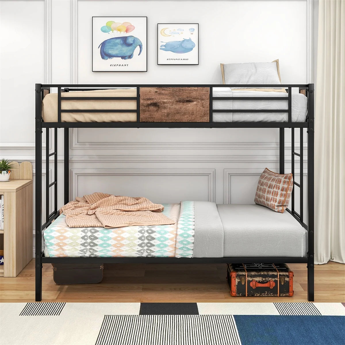 Black Metal Twin over Twin Bunk Bed with Stairs T41162