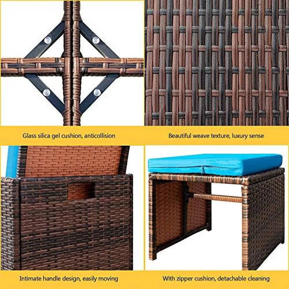 5 Pieces Wicker Rattan Patio Dining Set with Glass Table and Ottomans G6366