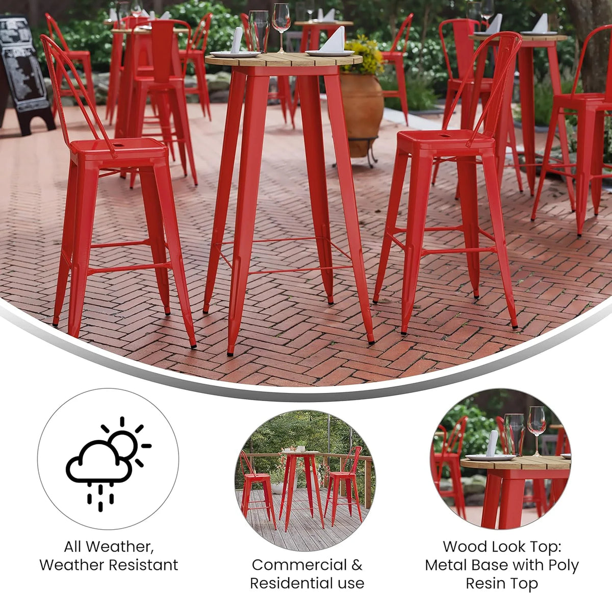 Indoor/Outdoor Bar Top Table Brown Resin Top Red Steel Base O45370